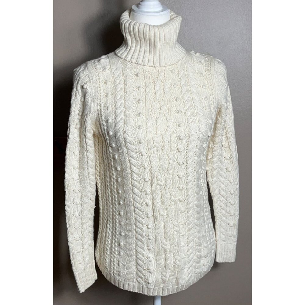 Gap Ivory Sweater Turtleneck 3D Texture Bobble Cable Cotton Wool Cottage Women S - Picture 10 of 10